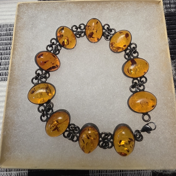 Vintage Double Link Baltic Amber 925 Bracelet - Picture 2 of 10